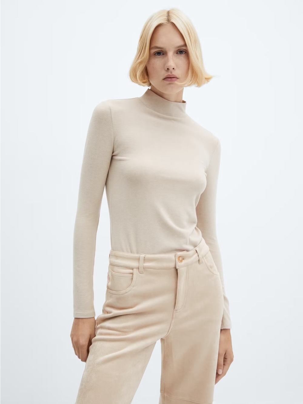 Mango Cream Mock-Neck Long Sleeve Top